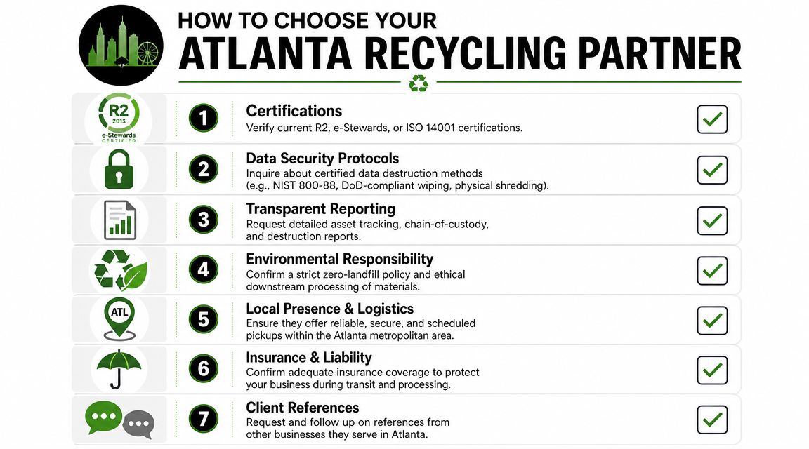 A checklist infographic illustrating seven essential steps for selecting a professional electronics recycling partner in Atlanta.
