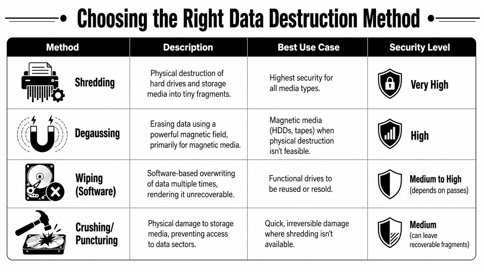 A comparison chart outlining four common data destruction methods including shredding, degaussing, software wiping, and physical crushing.