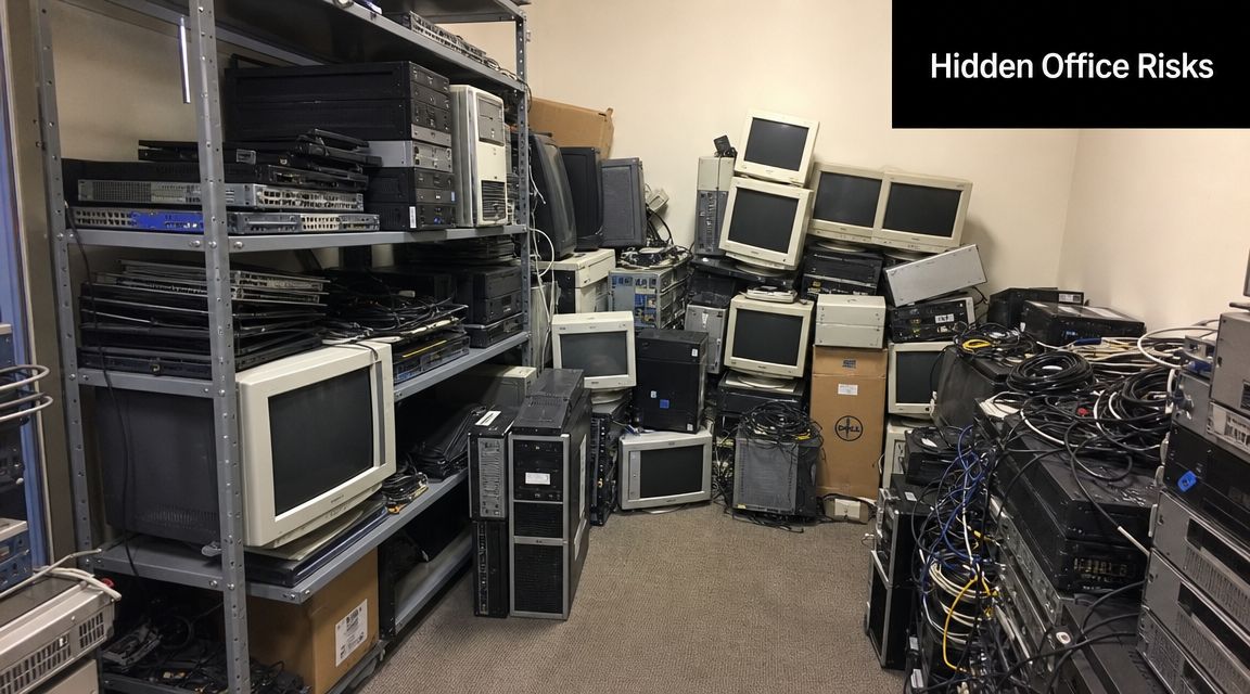 Cluttered storage room filled with stacks of old computer monitors, servers, networking hardware, and tangled loose cables.