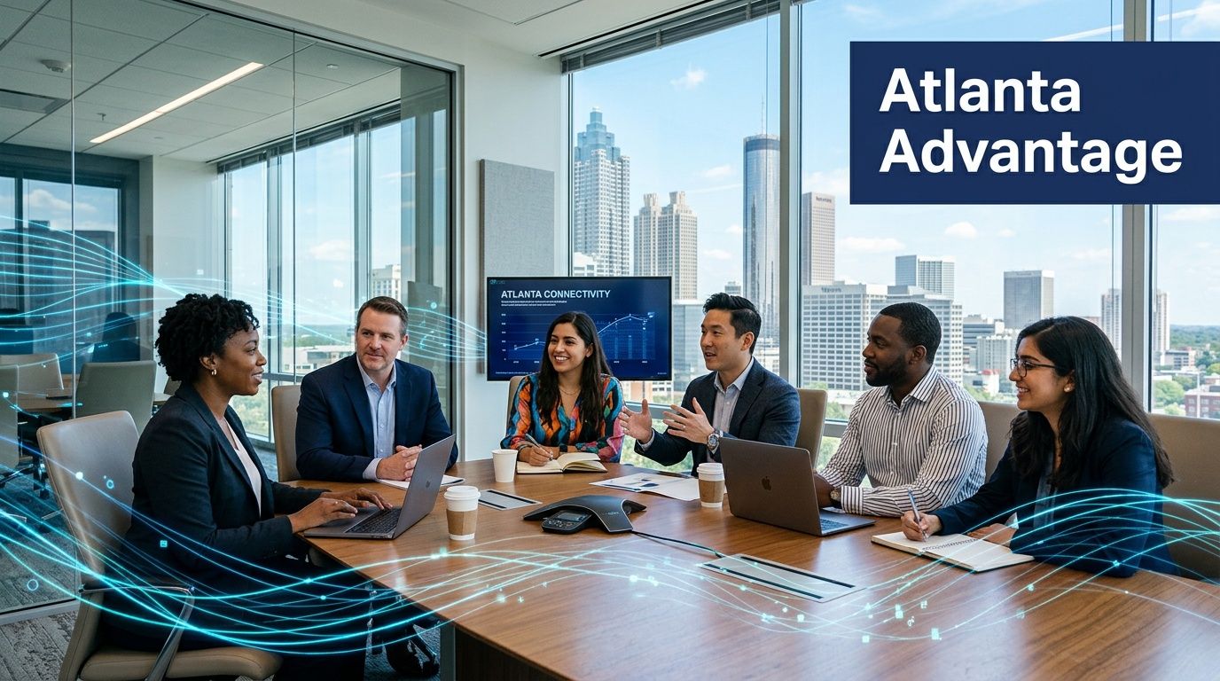 A professional team collaborating in a modern Atlanta conference room with digital data connectivity visualization.