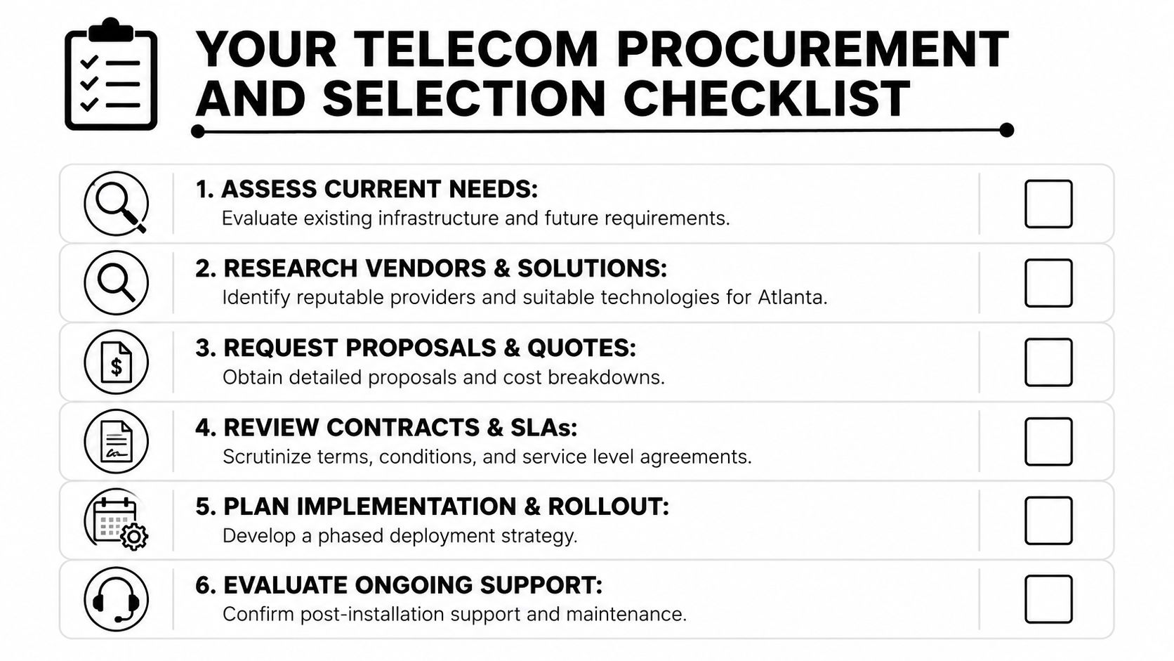 A six-step checklist for enterprise telecom procurement and service selection in the Atlanta area.