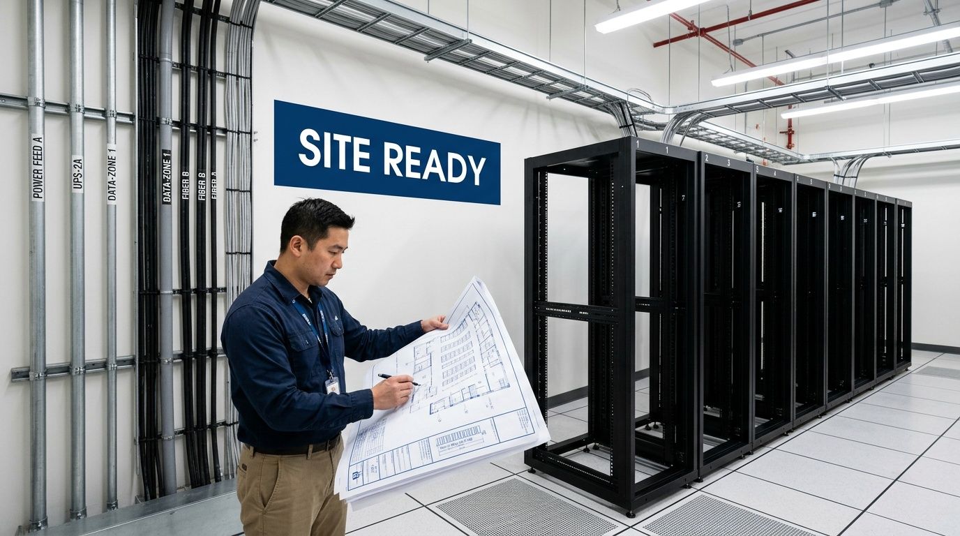 An engineer inspects technical blueprints in a server room featuring empty equipment racks and cabling.
