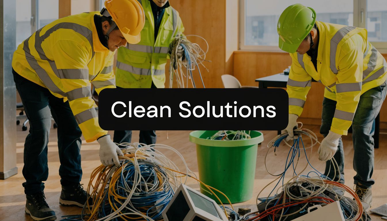 Workers in high-visibility safety gear managing and cleaning up tangled cables in a modern office space.