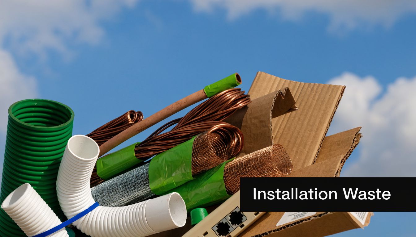 A pile of various construction and installation waste materials against a blue sky with white clouds.