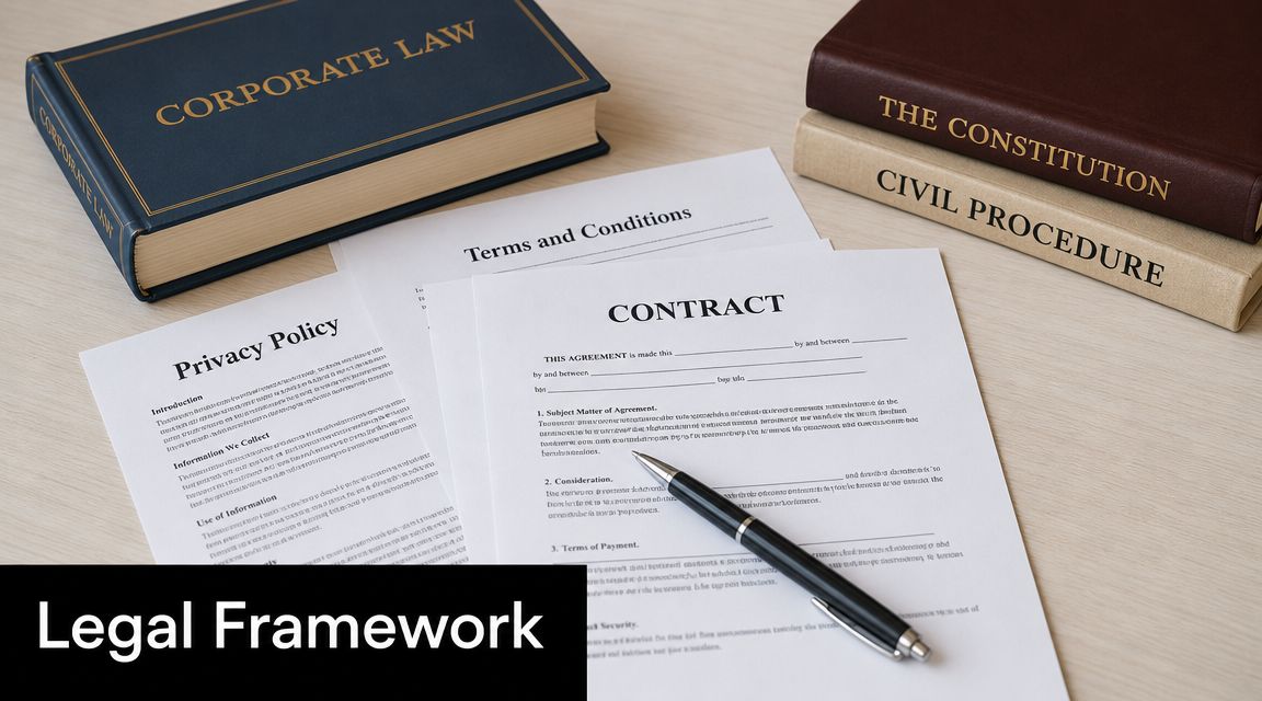 A top-down view of legal documents, a pen, and law books on a light wooden desk.