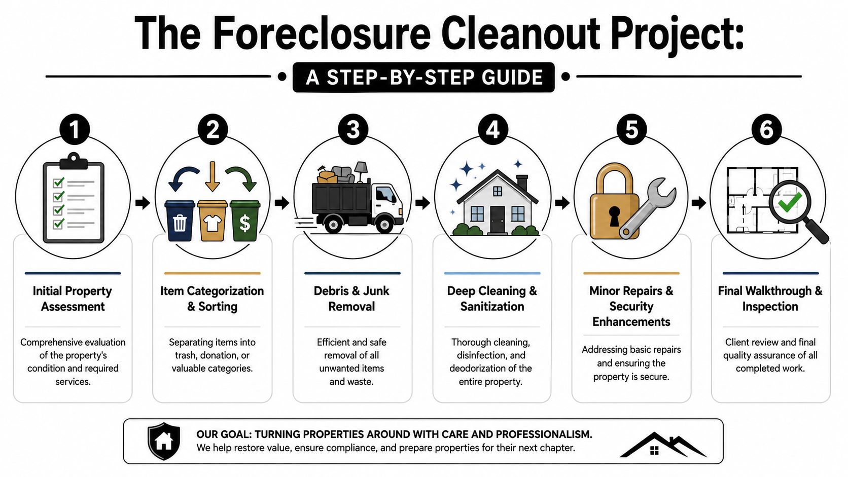 A six-step infographic detailing the professional process of a foreclosure cleanout project from assessment to inspection.