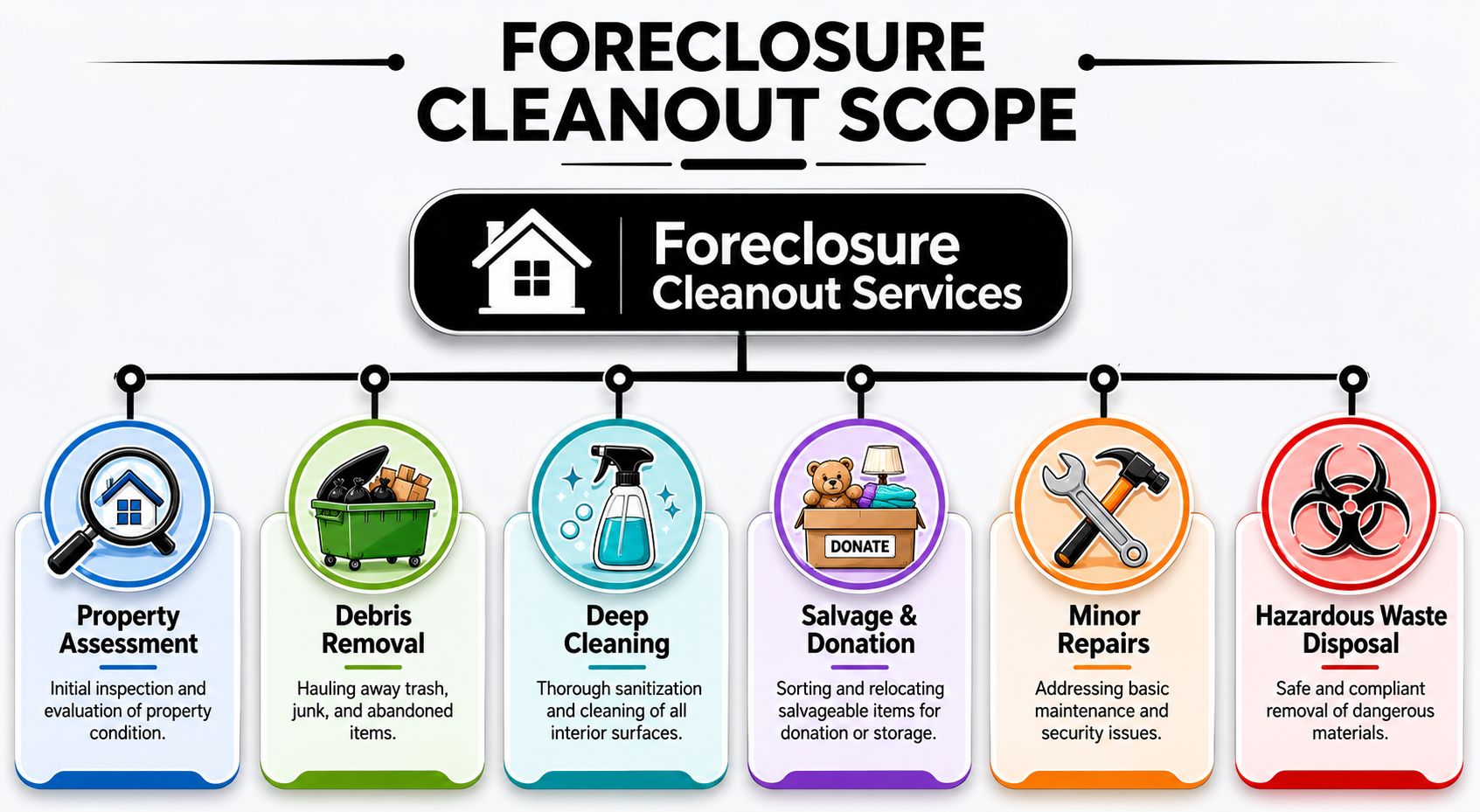 An infographic detailing the six primary steps of professional foreclosure cleanout services for abandoned property restoration.