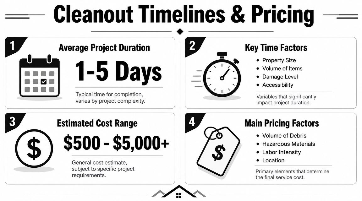 An infographic showing the average project duration and cost ranges for professional foreclosure cleanout services.