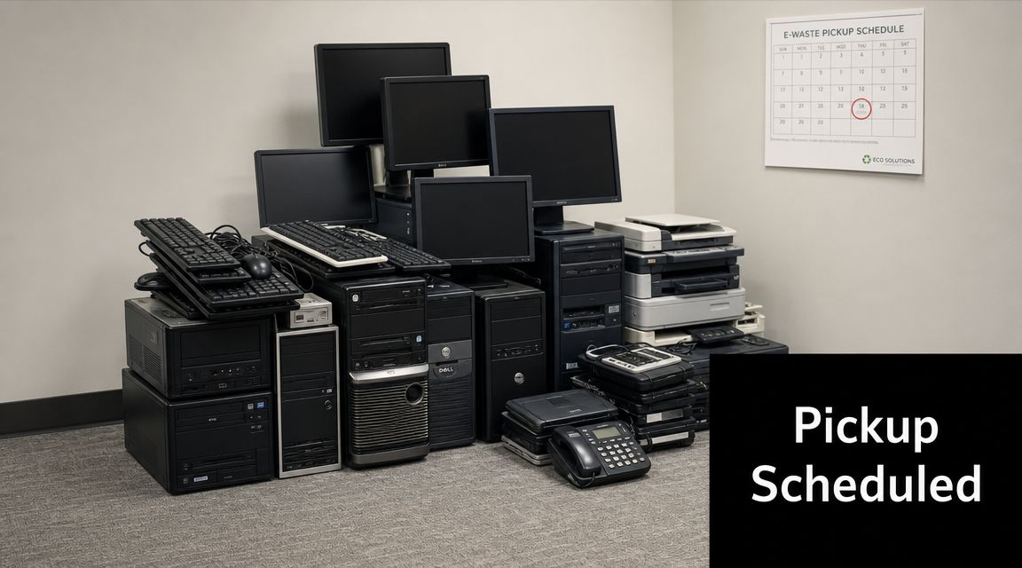 A pile of discarded electronic waste including computers, keyboards, and printers waiting for professional recycling pickup.