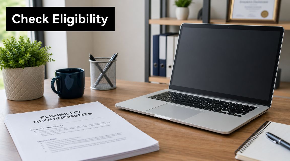 A clean office desk featuring a laptop, documents, and a plant, perfect for checking business program eligibility.