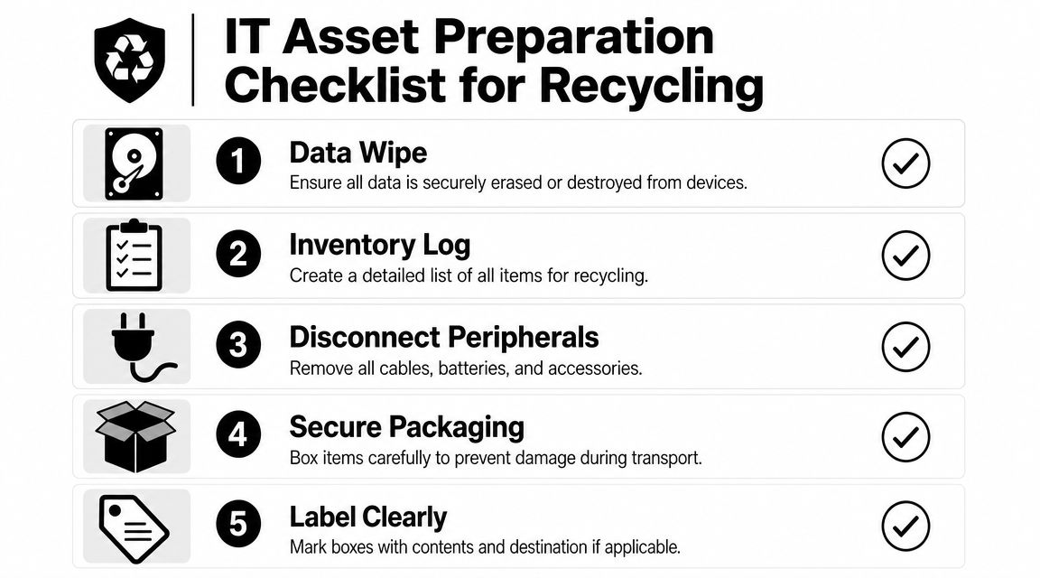 An IT asset preparation checklist for recycling five simple steps to prepare electronics for safe disposal.