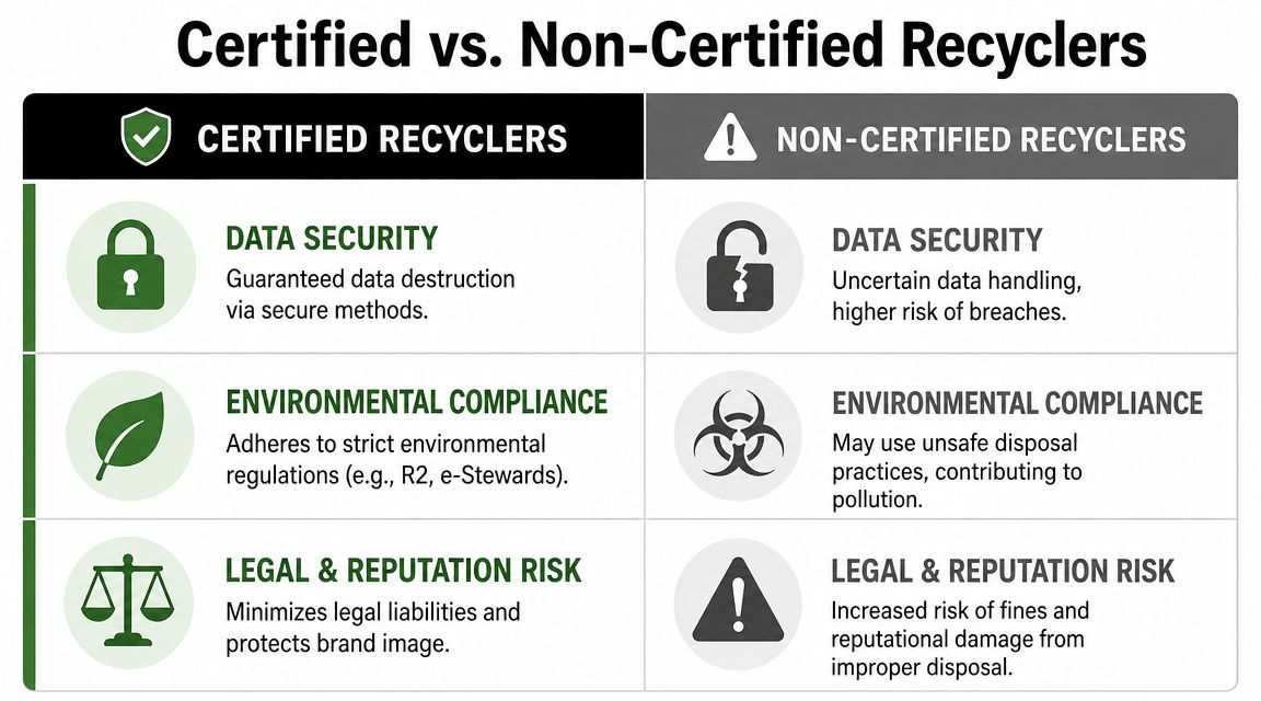 A comparison chart highlighting the key differences between certified and non-certified electronics recycling services.
