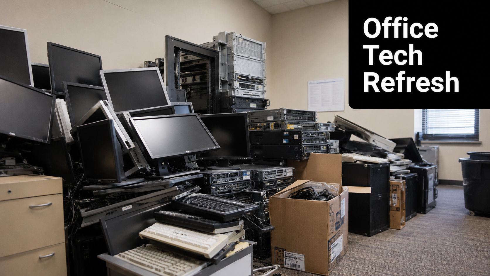 A pile of discarded computer monitors, servers, keyboards, and other electronic equipment stored in an office room.