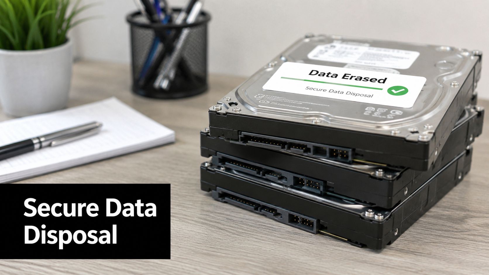 A stack of computer hard drives on an office desk, illustrating secure data disposal and destruction services.