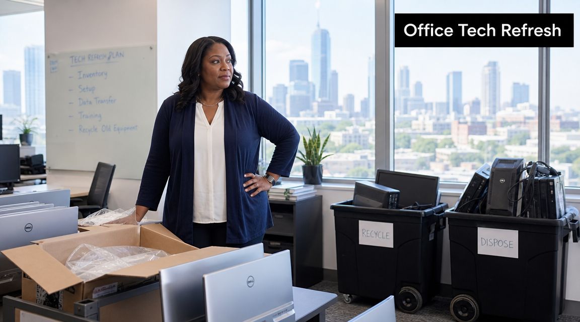 A professional woman standing in an office managing IT hardware recycling and disposal during a tech refresh.