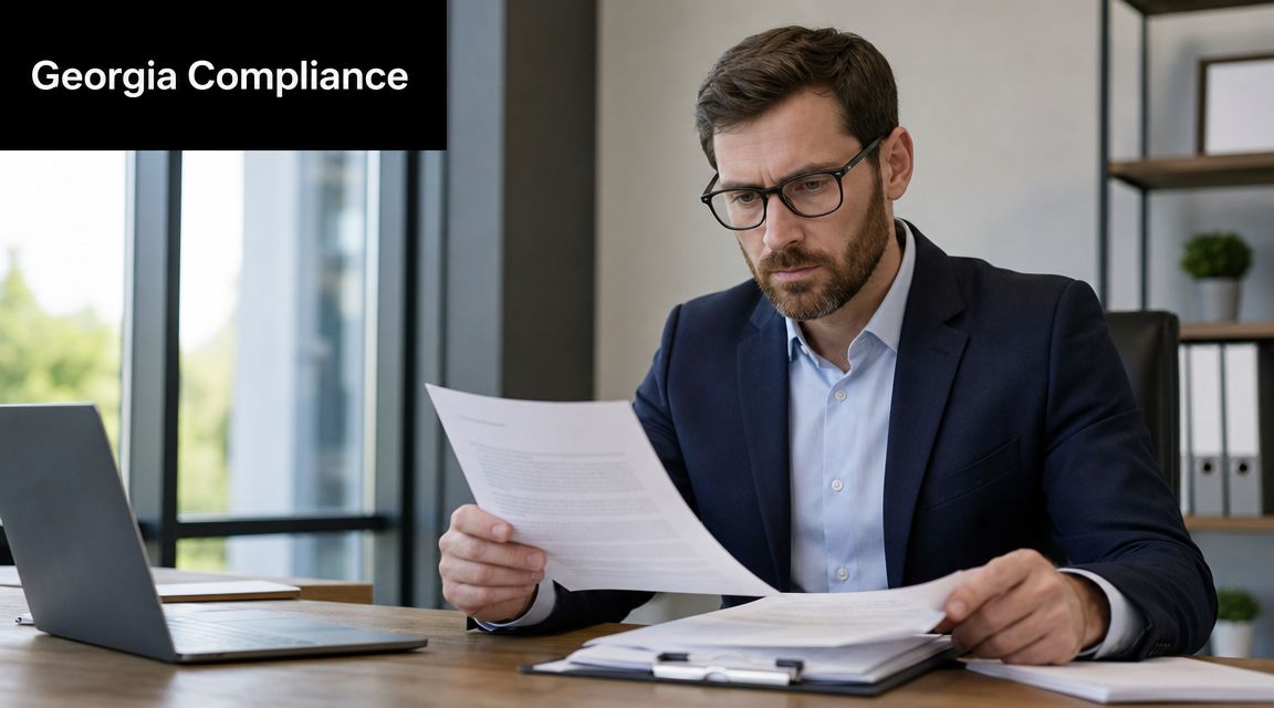 A professional man in a business suit reviewing compliance documents at his office desk with a laptop.
