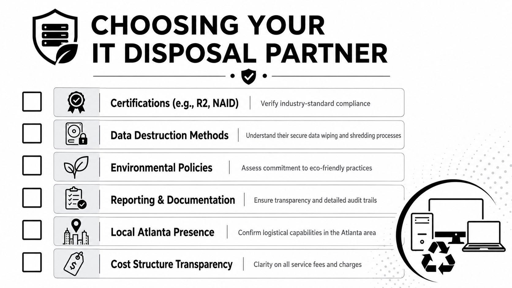 A checklist for choosing an IT disposal partner highlighting certifications, security, sustainability, and Atlanta logistics.