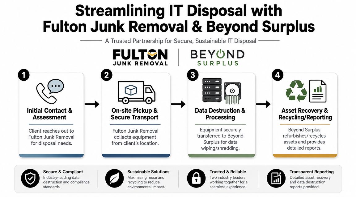 A four-step infographic illustrating the secure IT equipment disposal partnership between Fulton Junk Removal and Beyond Surplus.