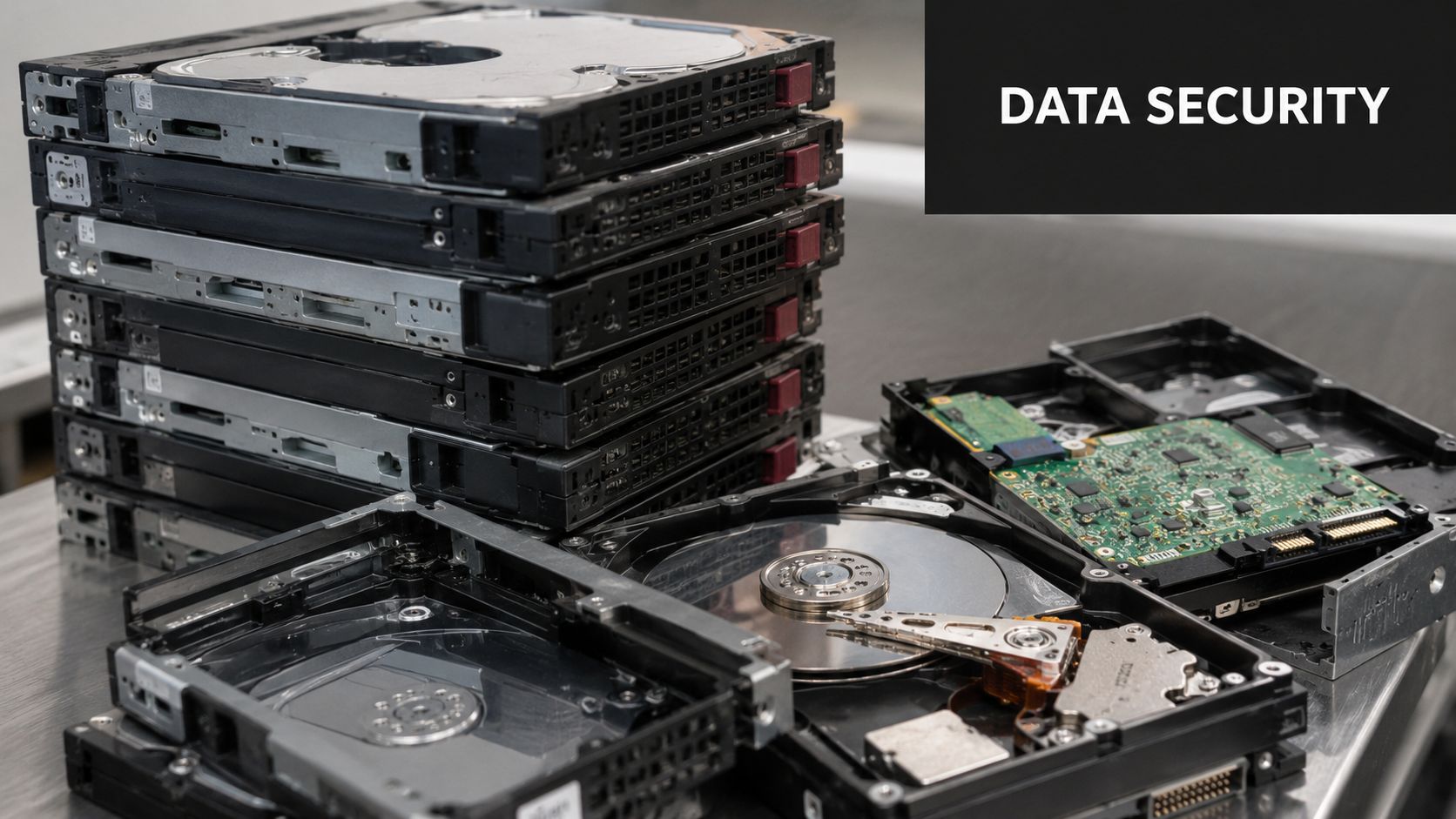 A stack of dismantled server hard drives on a workspace table for secure data destruction and recycling.