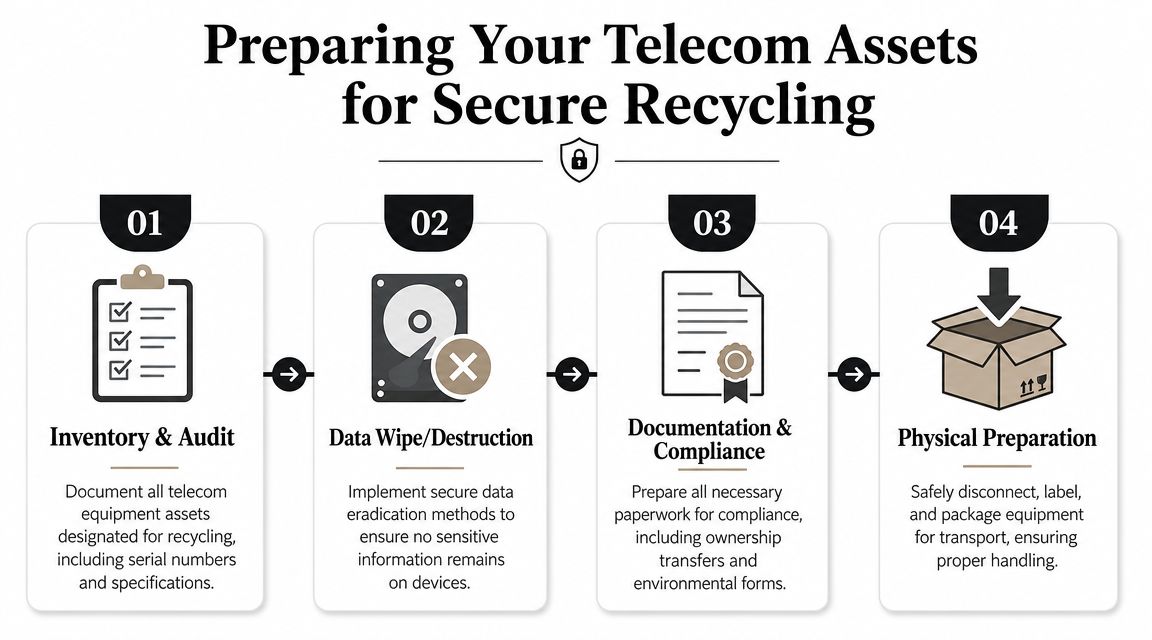 A four-step infographic illustrating the process of preparing telecom assets for secure recycling and data destruction.