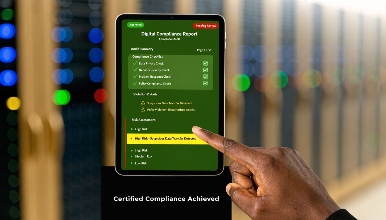 A hand touches a digital tablet showing a compliance report with security warnings in a server room.