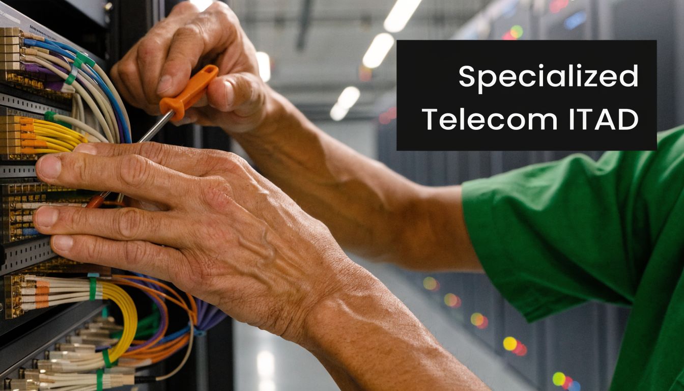 A technician using a screwdriver to perform maintenance on specialized telecom server infrastructure equipment in a data center.