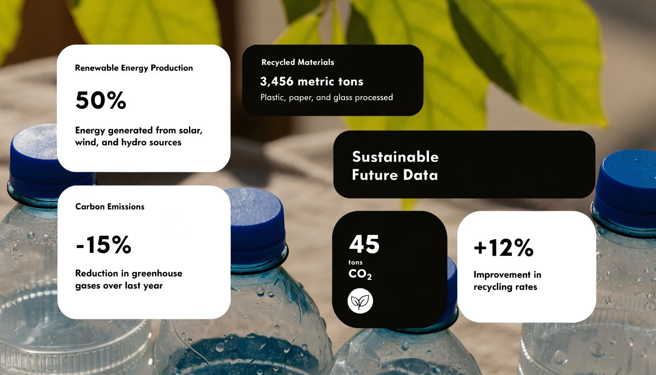 An infographic displaying sustainable future data statistics, including renewable energy production, carbon emissions, and recycling metrics.
