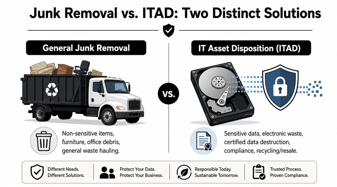 An infographic comparing general junk removal services versus professional IT asset disposition for data security.