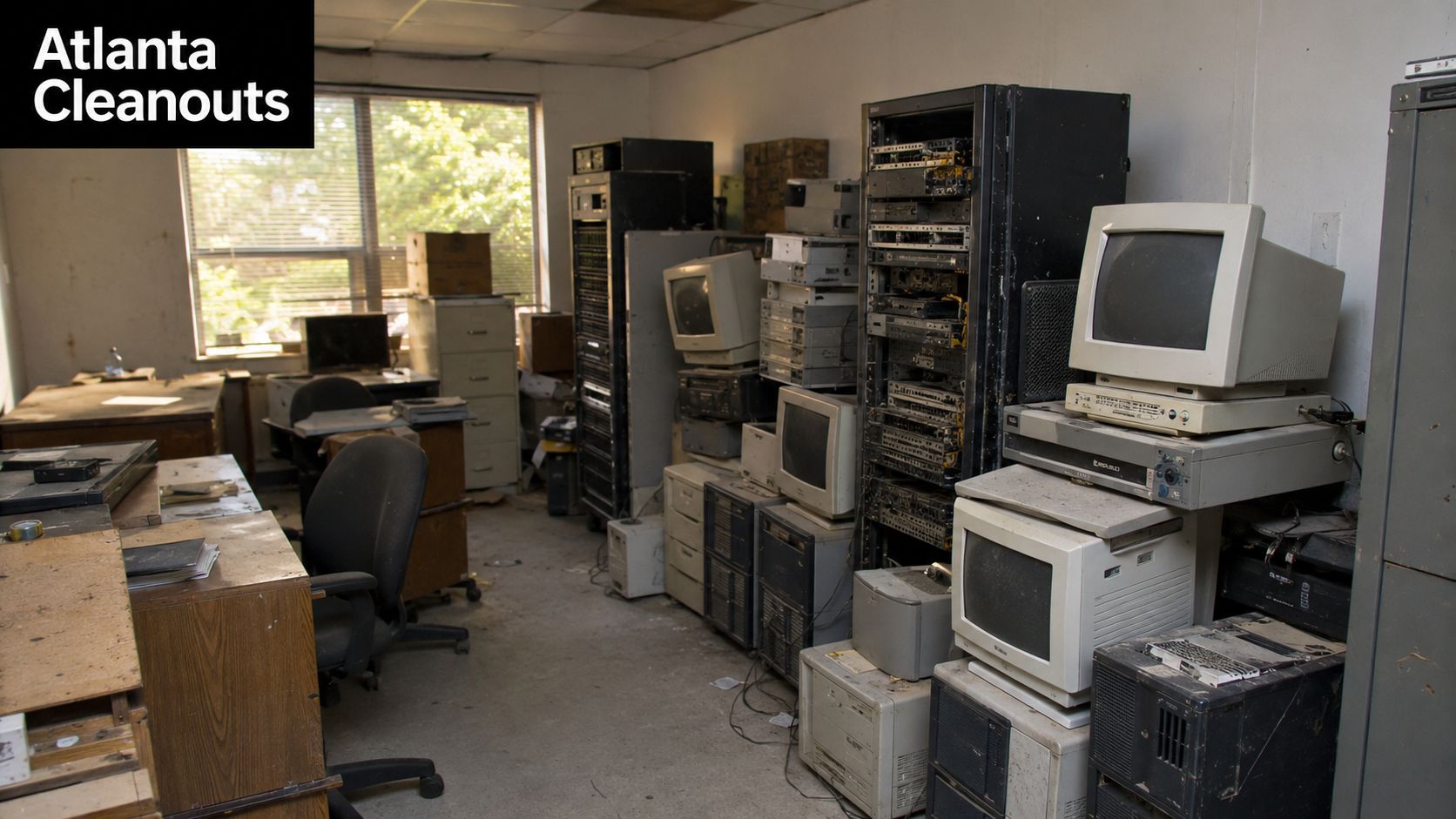 A cluttered room filled with outdated computer servers, old monitors, and various electronic equipment for disposal.
