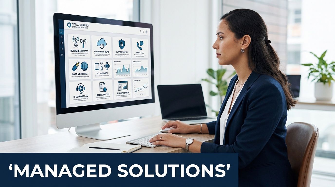 A professional woman working on a computer display featuring an enterprise business platform dashboard for managed services.