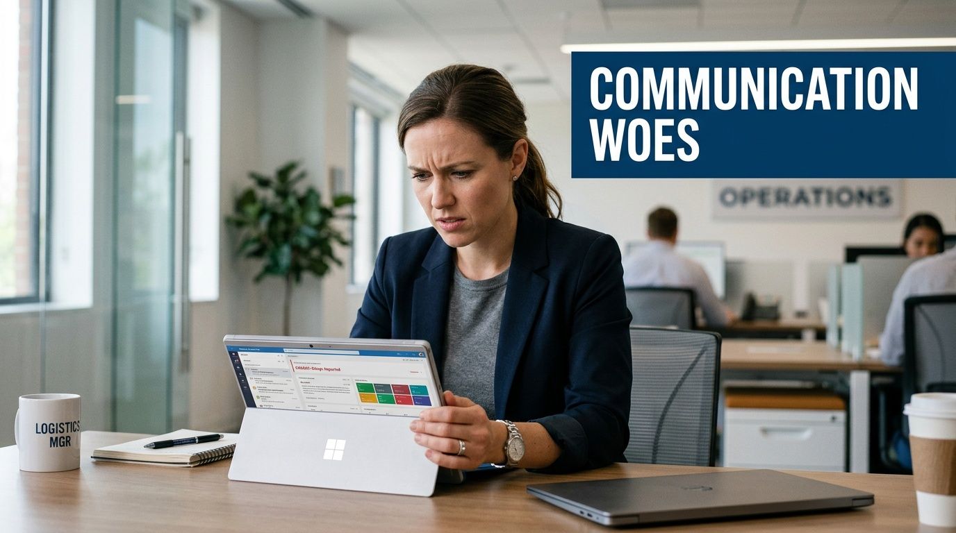 A concerned business professional analyzing complex data on her tablet in a busy, modern office environment.