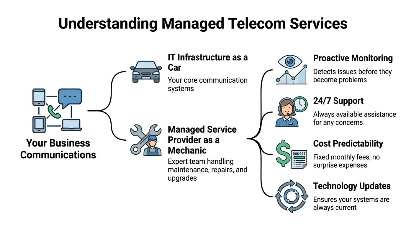 An infographic illustrating how managed telecom services maintain business communication systems through expert support and proactive monitoring.