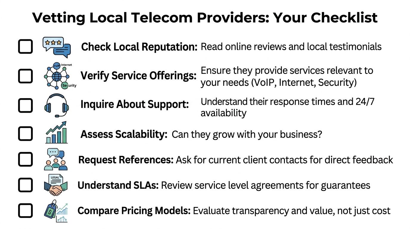 A checklist titled Vetting Local Telecom Providers outlining key factors for evaluating telecom services for business.