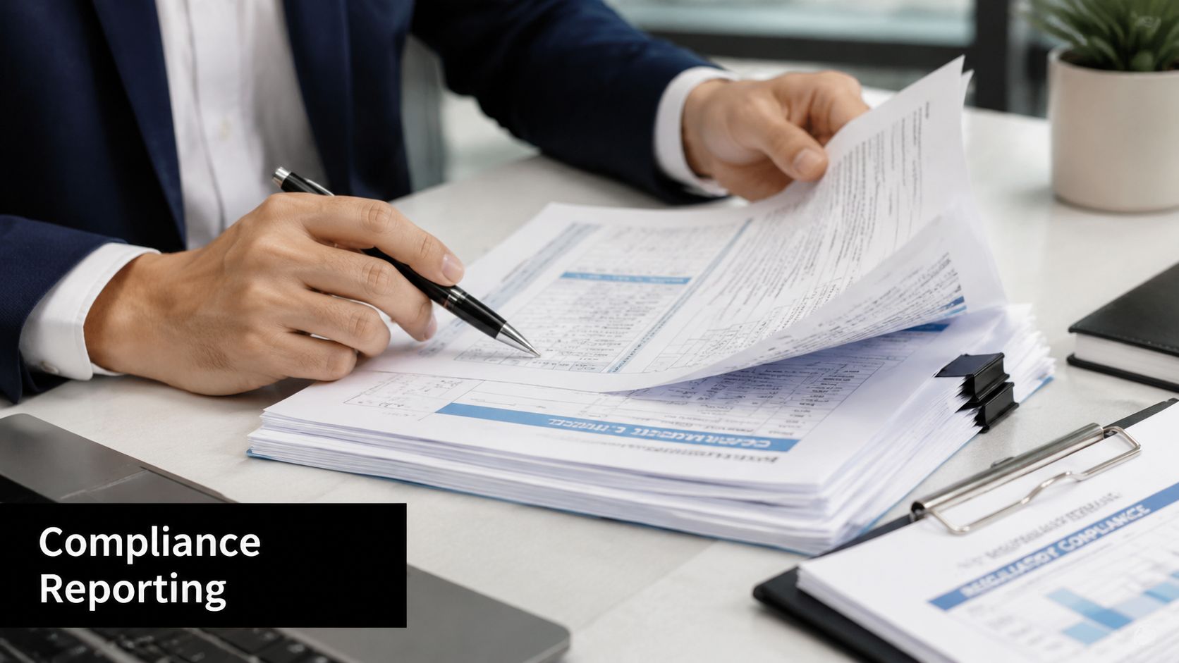 A professional in a business suit reviewing compliance documents and paperwork at an office desk.