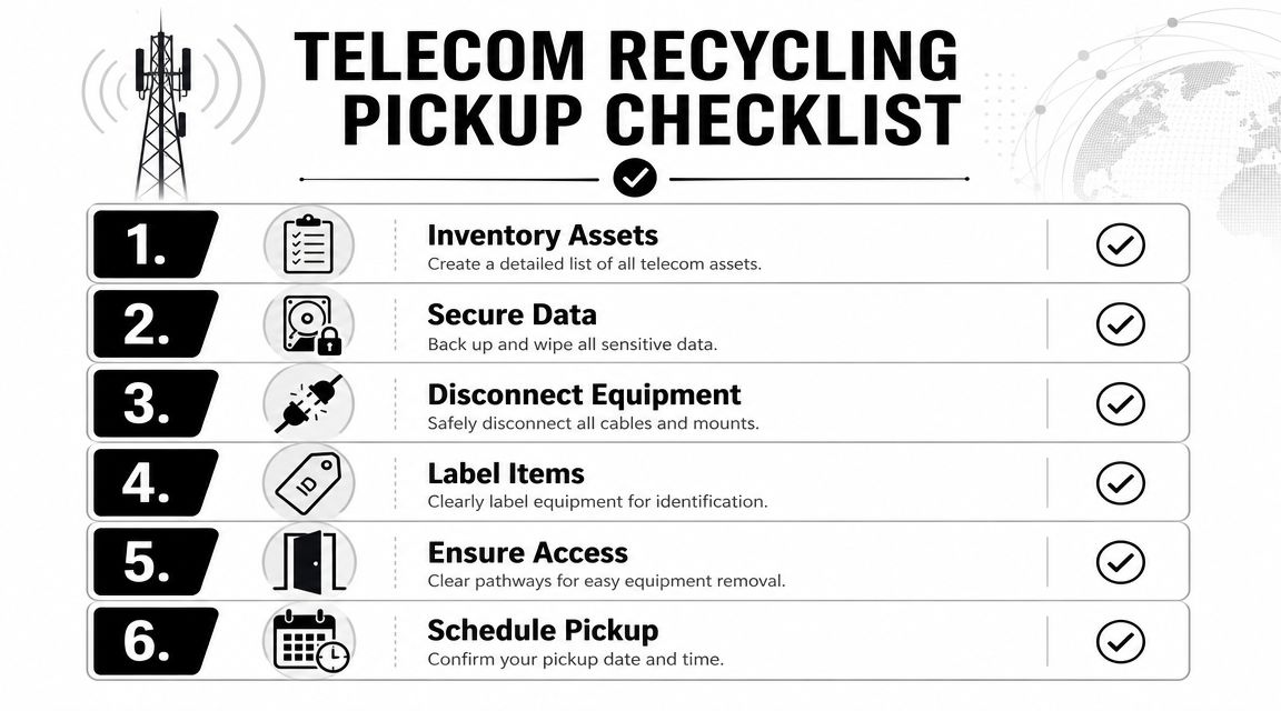 A six-step checklist for telecom recycling pickup including inventory, data security, disconnection, labeling, access, and scheduling.
