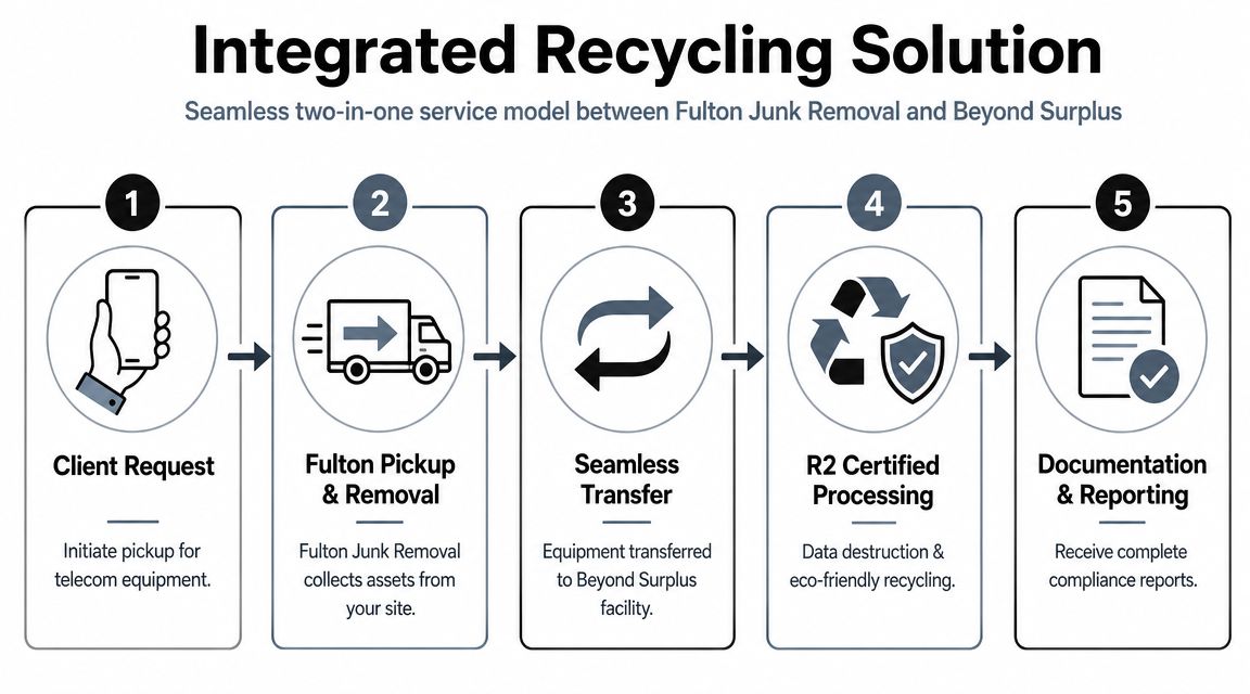 A diagram outlining a five-step integrated recycling solution process for telecom equipment removal and certified disposal.