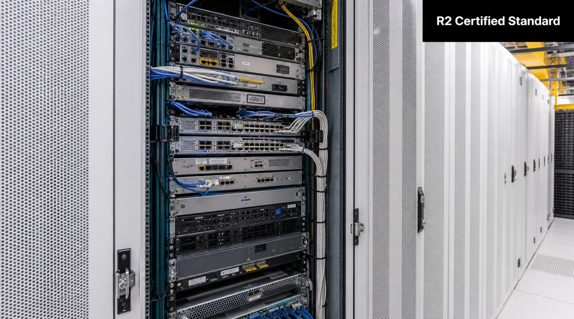 A rack of networking equipment and servers inside a secure, temperature-controlled data center facility.
