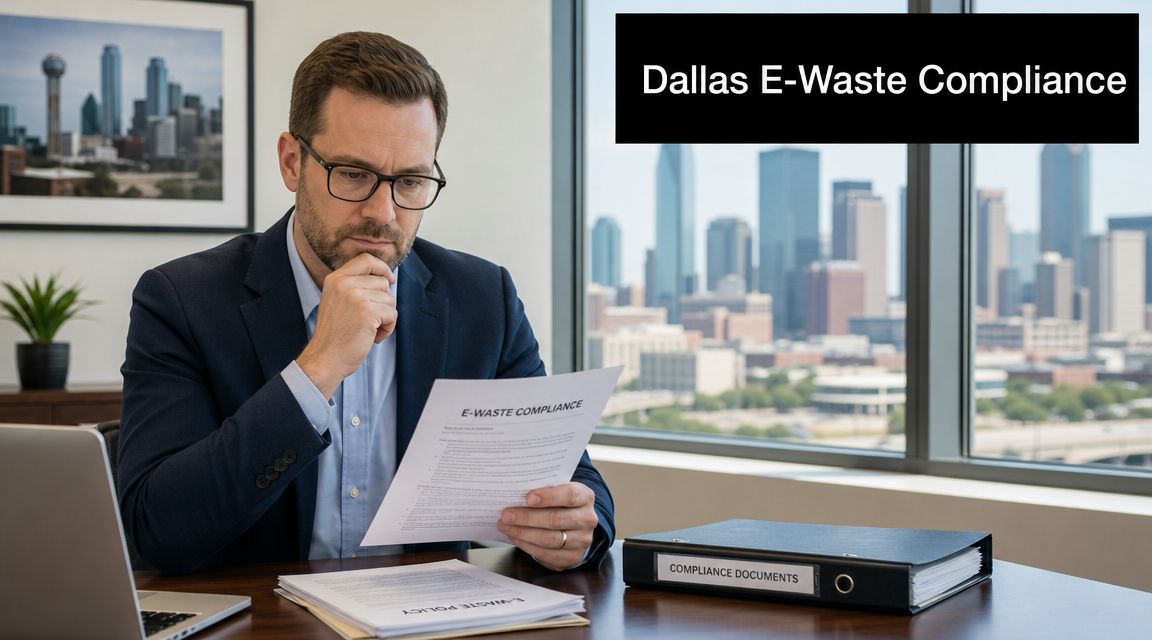 A professional man reviews E-Waste compliance documents at his desk in a Dallas high-rise office.
