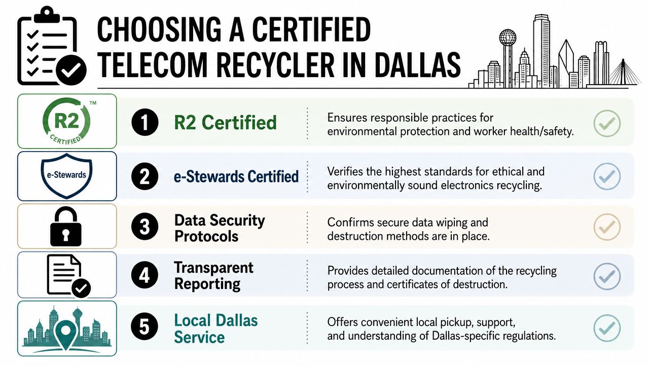 An infographic detailing five key criteria for selecting a certified telecom recycling service in Dallas, Texas.