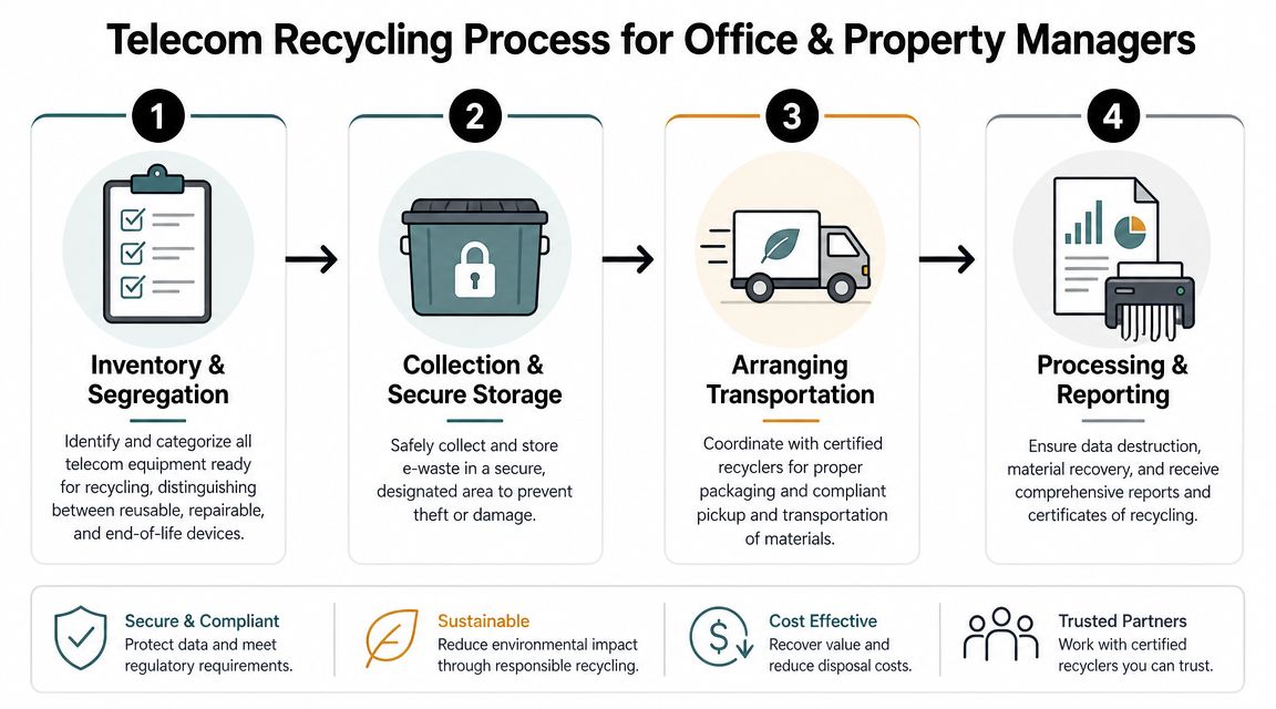 A four-step infographic illustrating the telecom recycling process for office and property managers to manage e-waste.