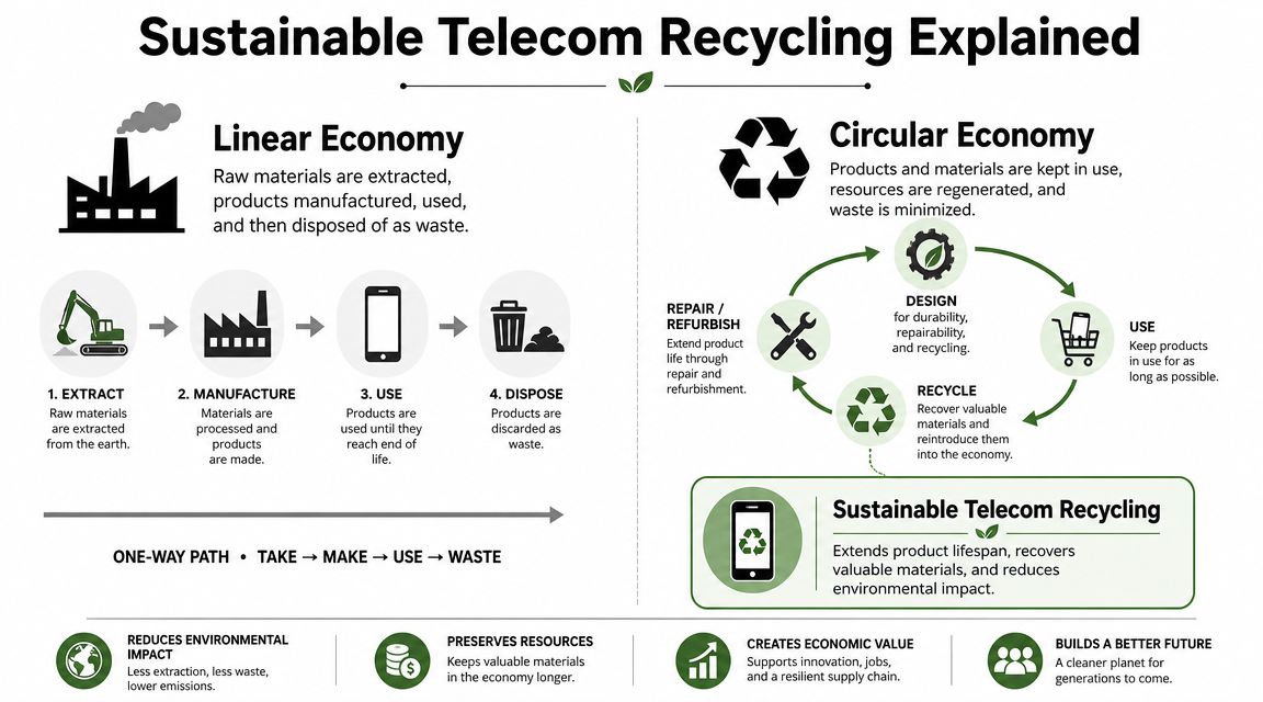 An infographic comparing linear and circular economies, highlighting sustainable telecom recycling processes and their environmental benefits.