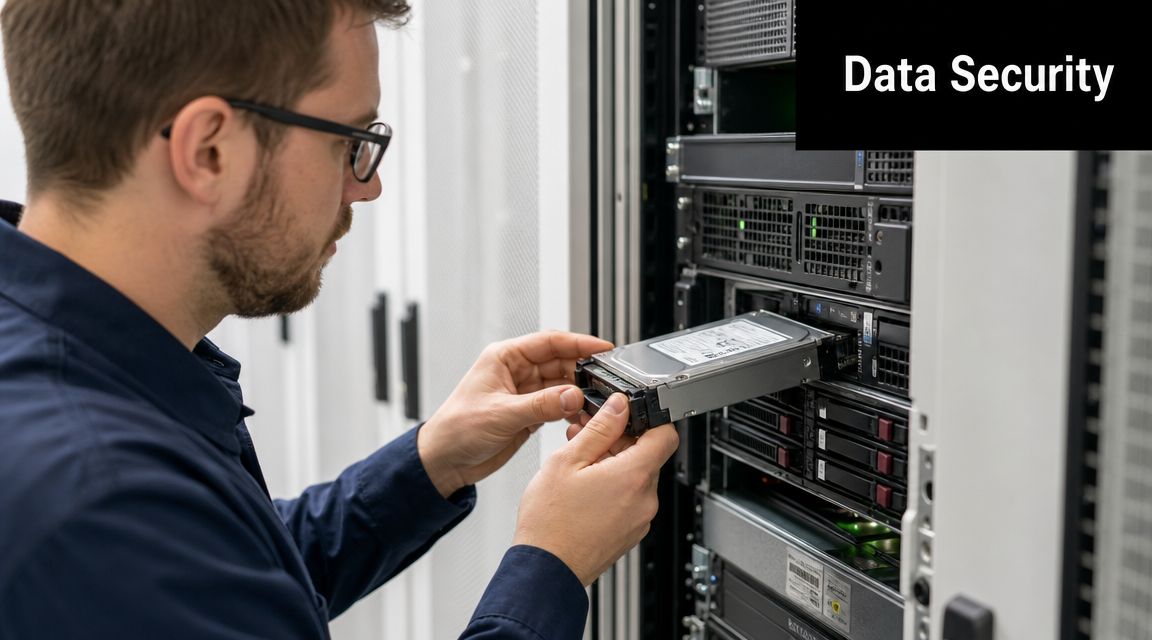 An IT technician installing a hard drive into a server rack for data security purposes.