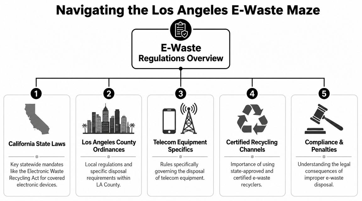 An infographic titled Navigating the Los Angeles E-Waste Maze outlining five key regulations for electronic waste disposal.