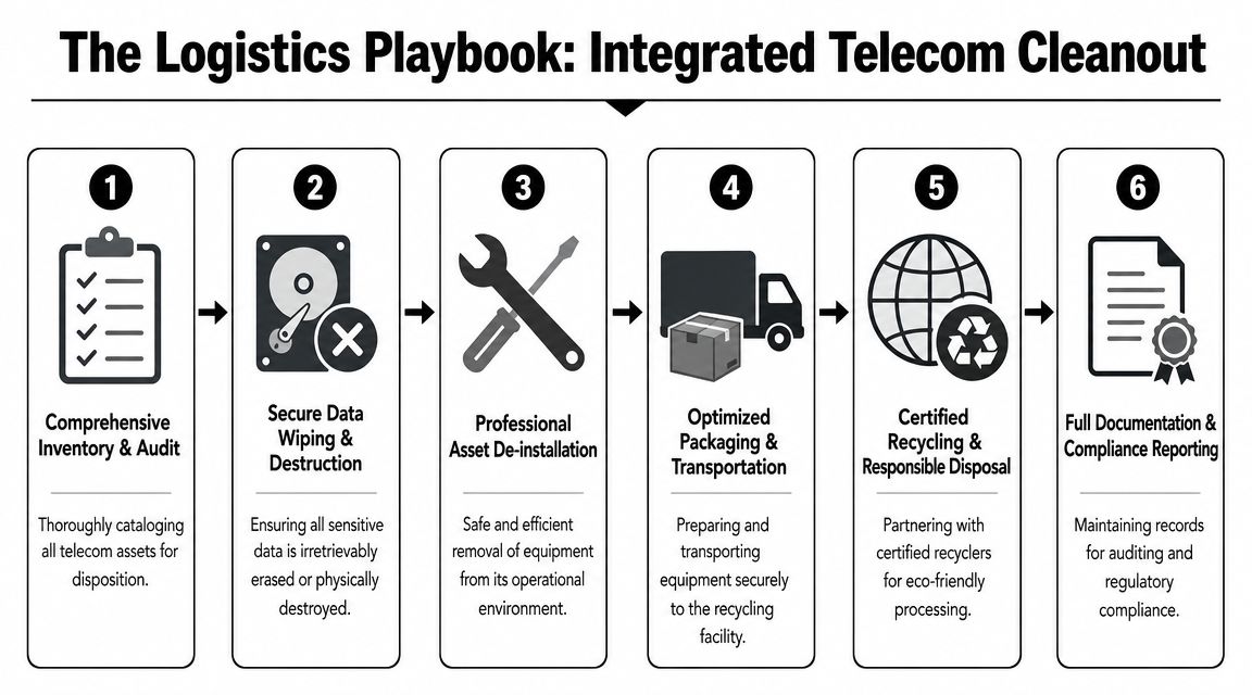 A six-step infographic detailing the logistics process for integrated telecom equipment cleanout, disposal, and recycling.