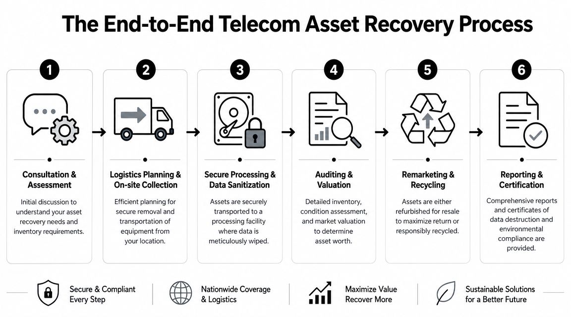 A six-step infographic illustrating the professional end-to-end telecom asset recovery process from consultation to final reporting.