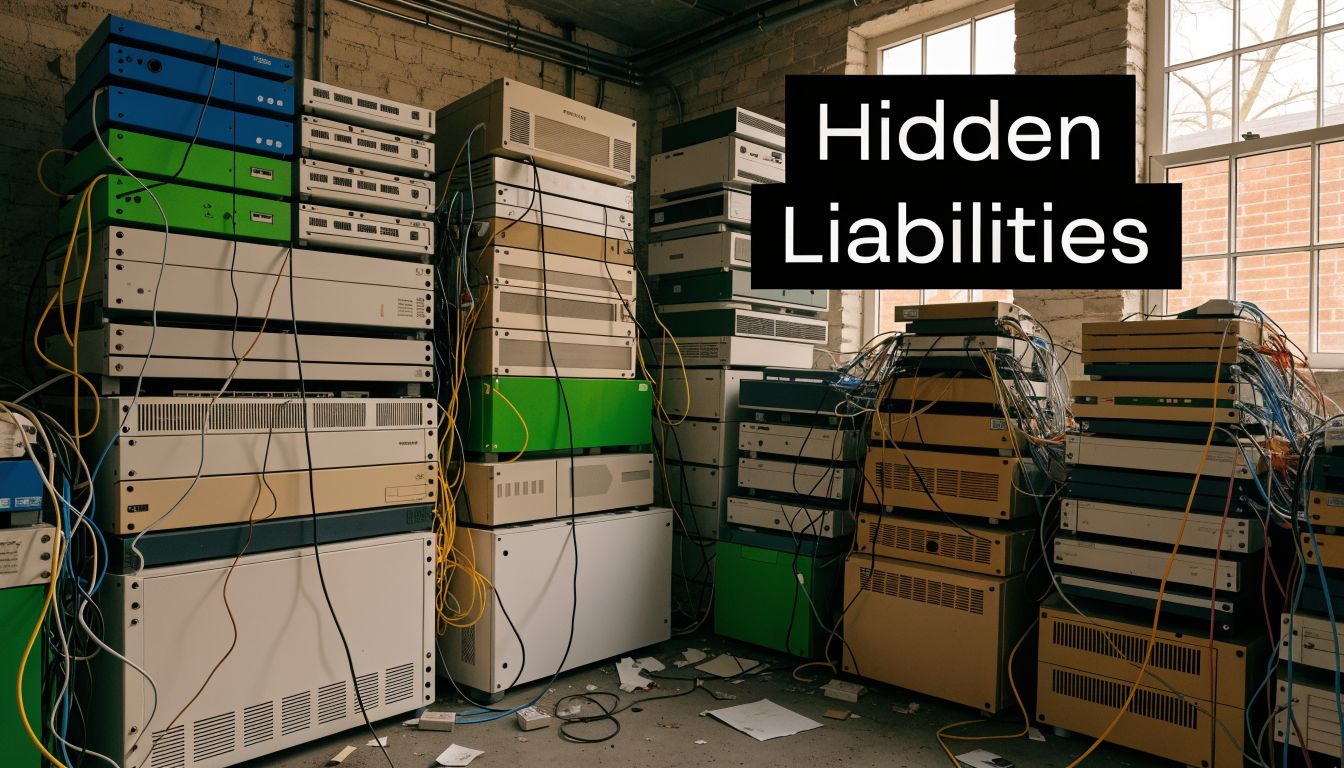 A stack of old, disorganized server equipment and wiring inside an industrial warehouse room.