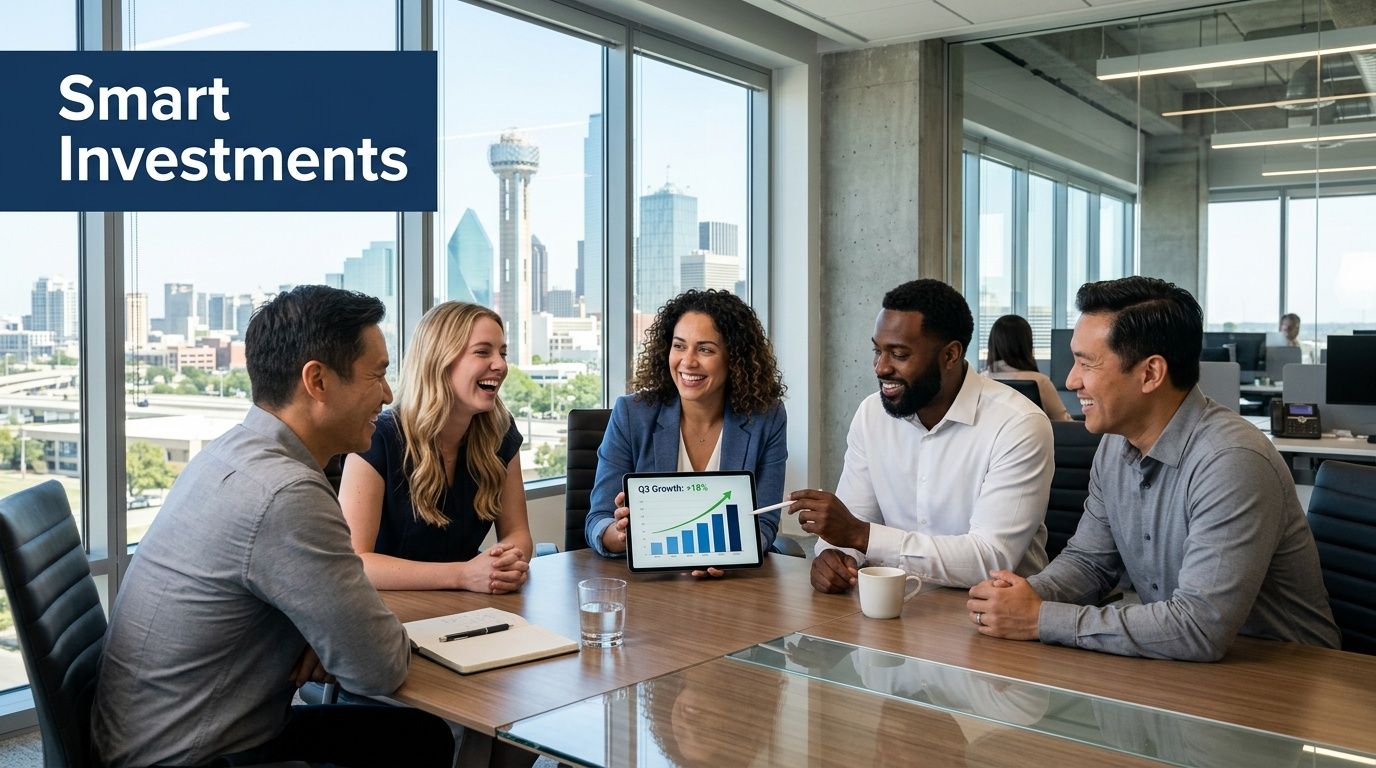 A diverse business team collaborating on a growth strategy in a modern Dallas office with city views.