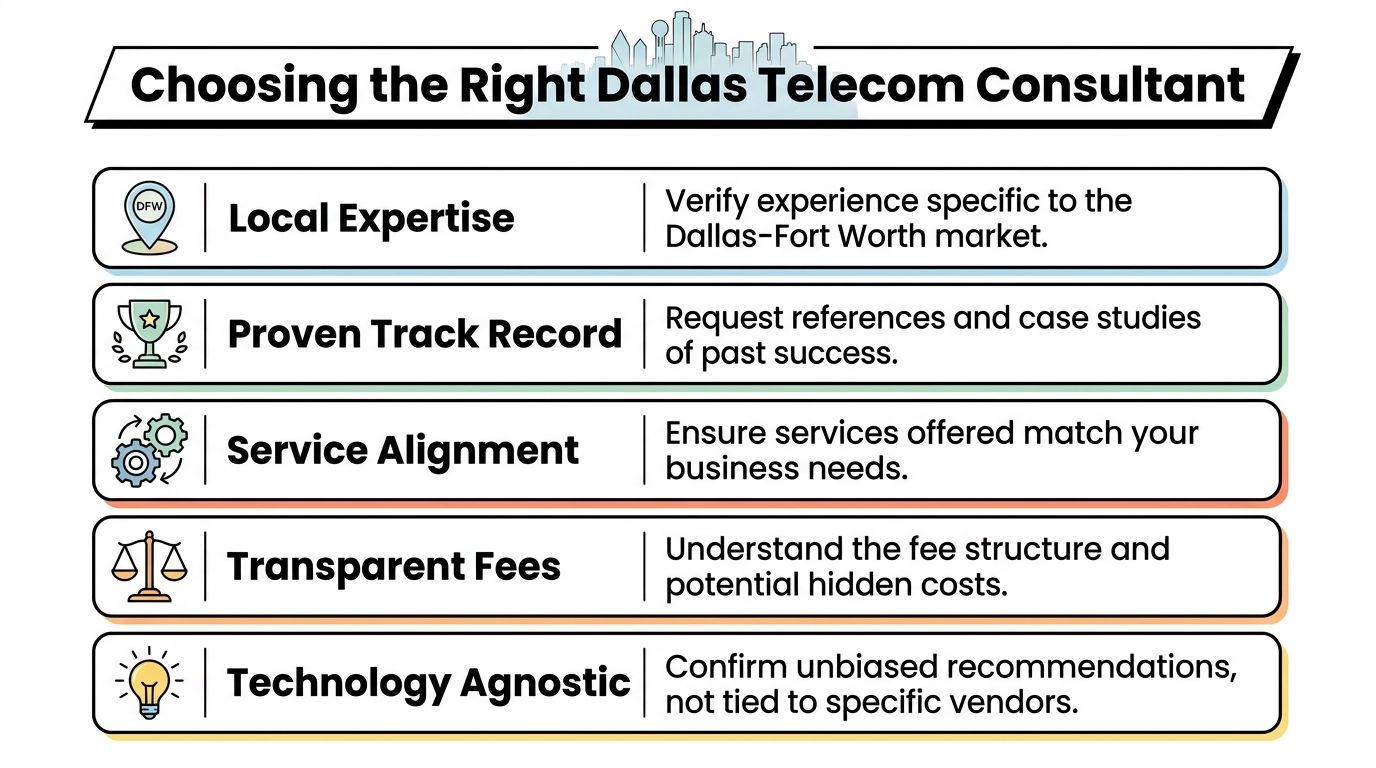 A list of five essential factors for choosing the right telecommunications consultant in the Dallas area.