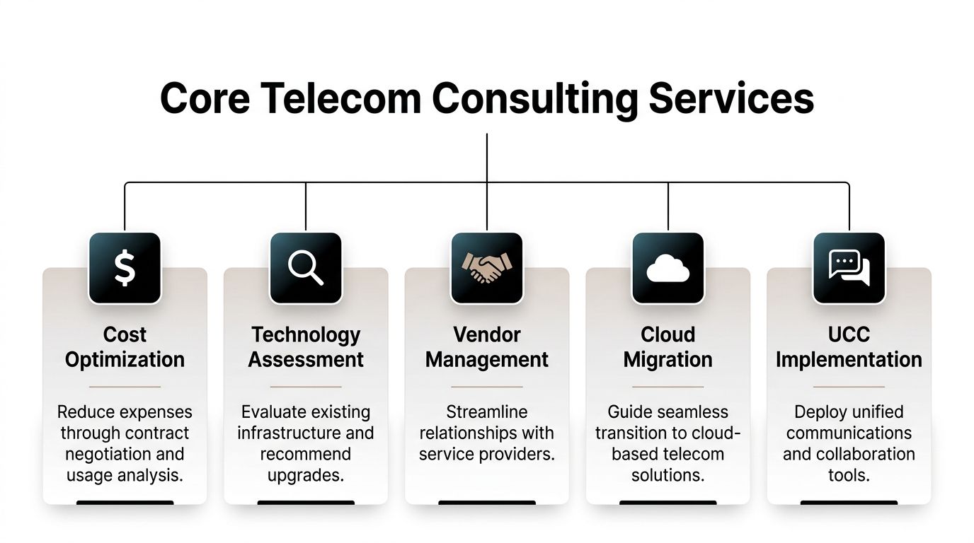 A chart showing core telecom consulting services including cost optimization, technology assessment, vendor management, cloud migration, and UCC implementation.