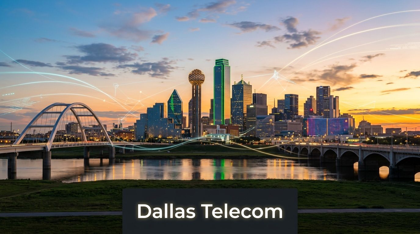 The Dallas skyline at sunset featuring a modern bridge over the river with digital connectivity lines overlaid.